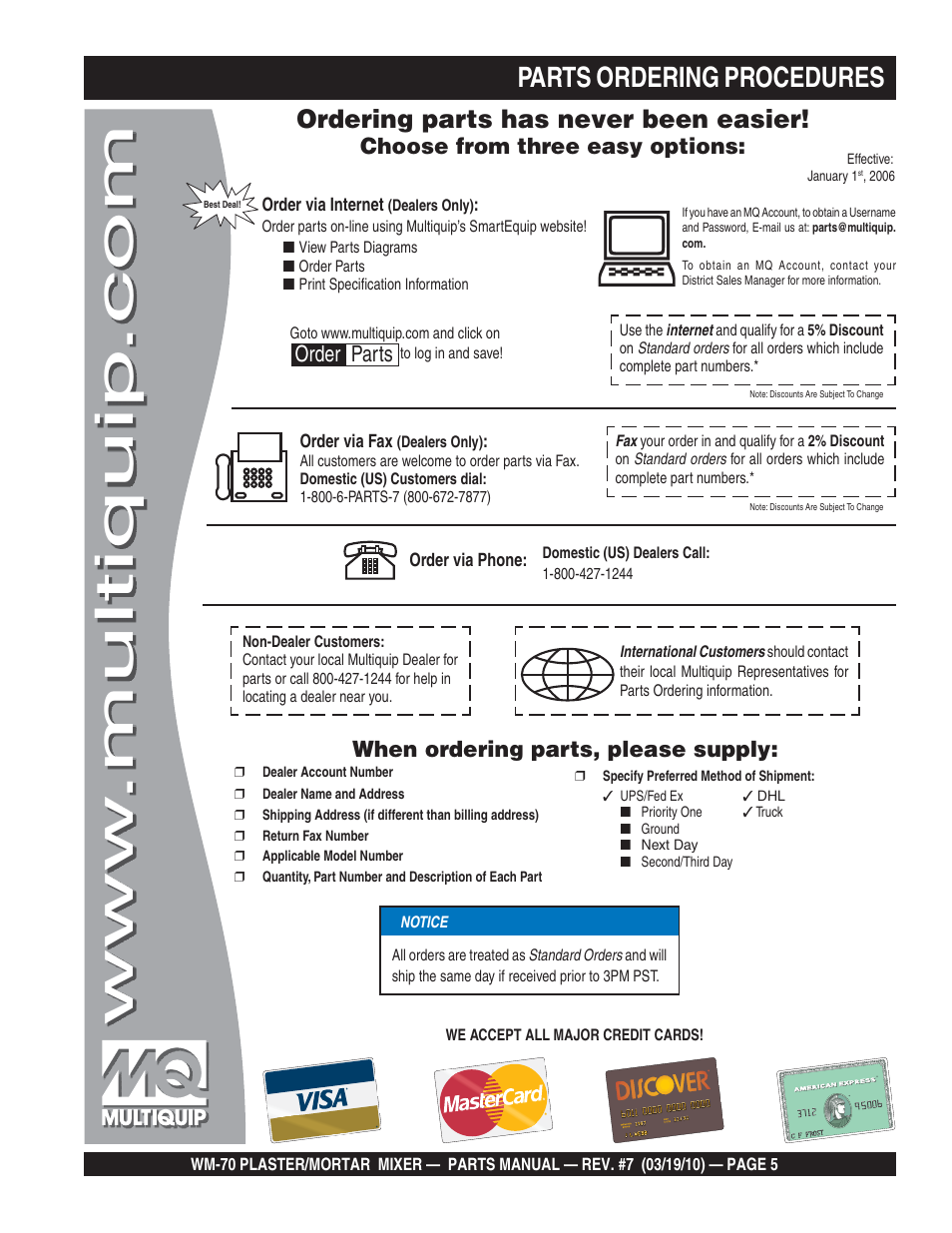 Parts ordering procedures, Ordering parts has never been easier, Choose from three easy options | When ordering parts, please supply, Order parts | Multiquip WM70P User Manual | Page 5 / 100