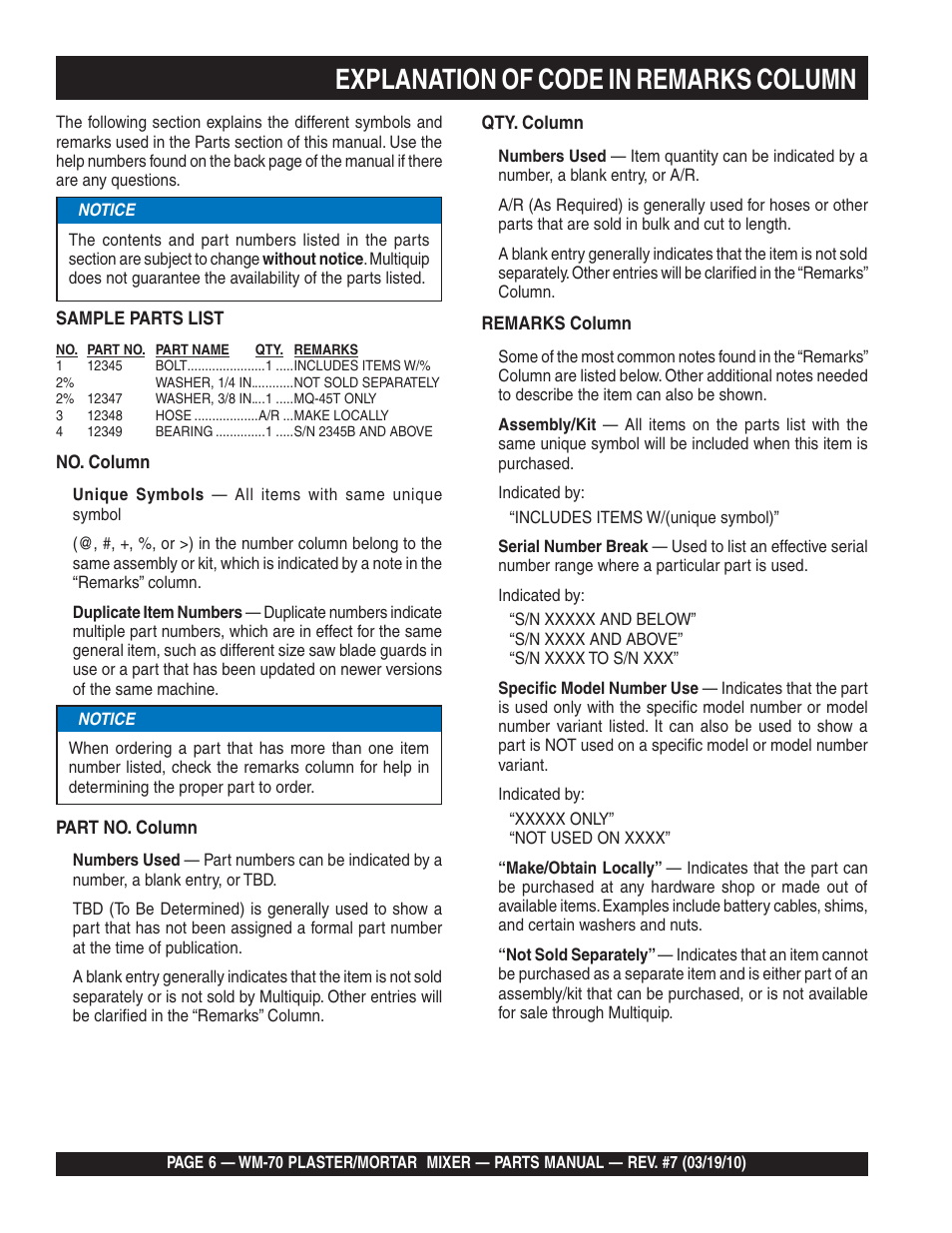 Explanation of code in remarks column | Multiquip WM70P User Manual | Page 6 / 100