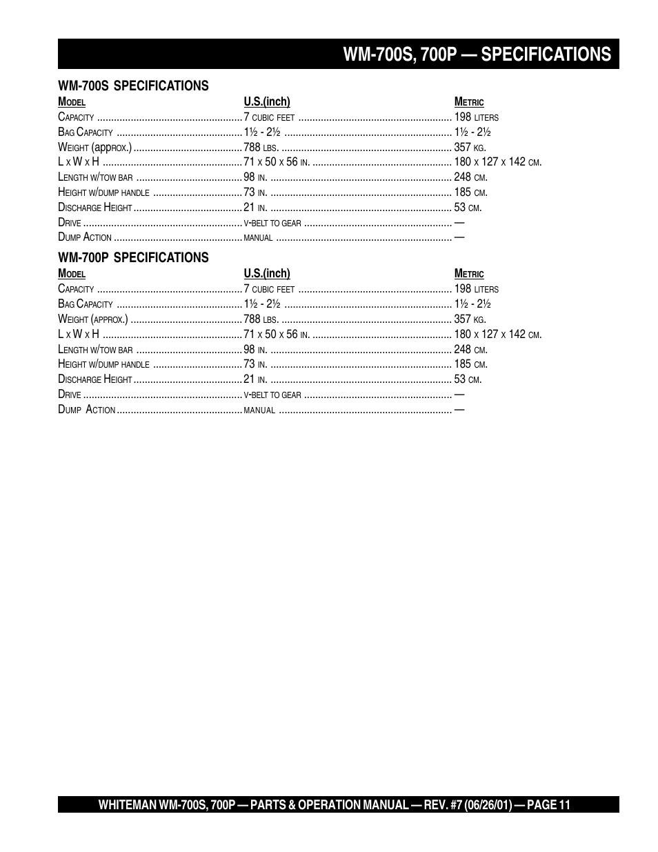 Wm-700s specifications, Wm-700p specifications | Multiquip WM700P User Manual | Page 11 / 28