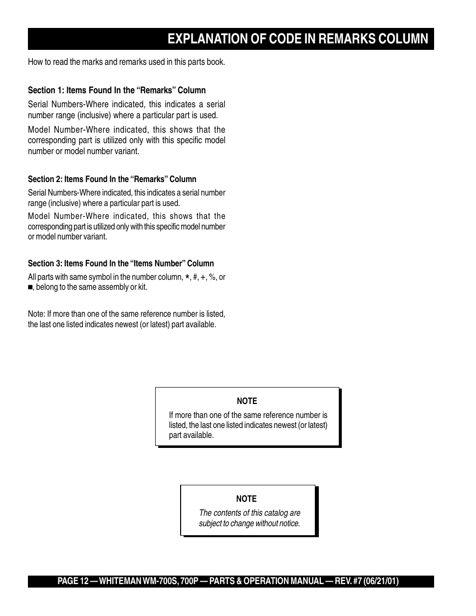 Explanation of code in remarks column | Multiquip WM700P User Manual | Page 12 / 28