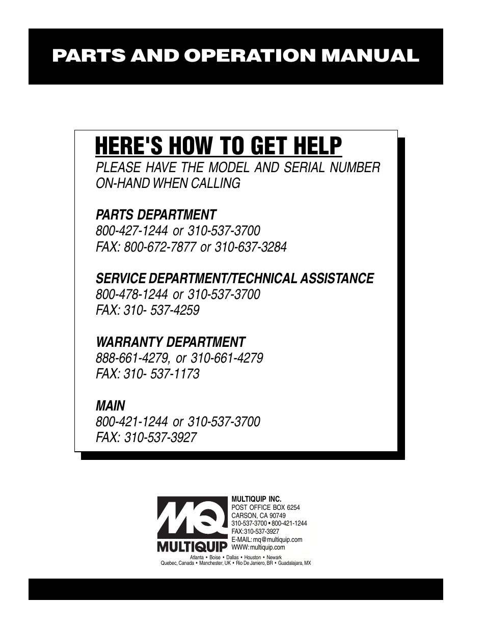 Here's how to get help, Parts and operation manual | Multiquip WM700P User Manual | Page 28 / 28