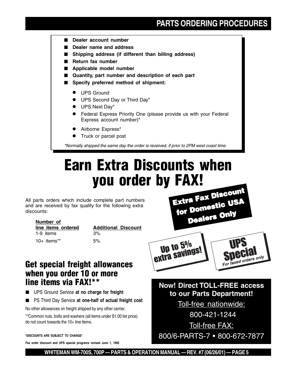 Earn extra discounts when you order by fax, Parts ordering procedures | Multiquip WM700P User Manual | Page 5 / 28