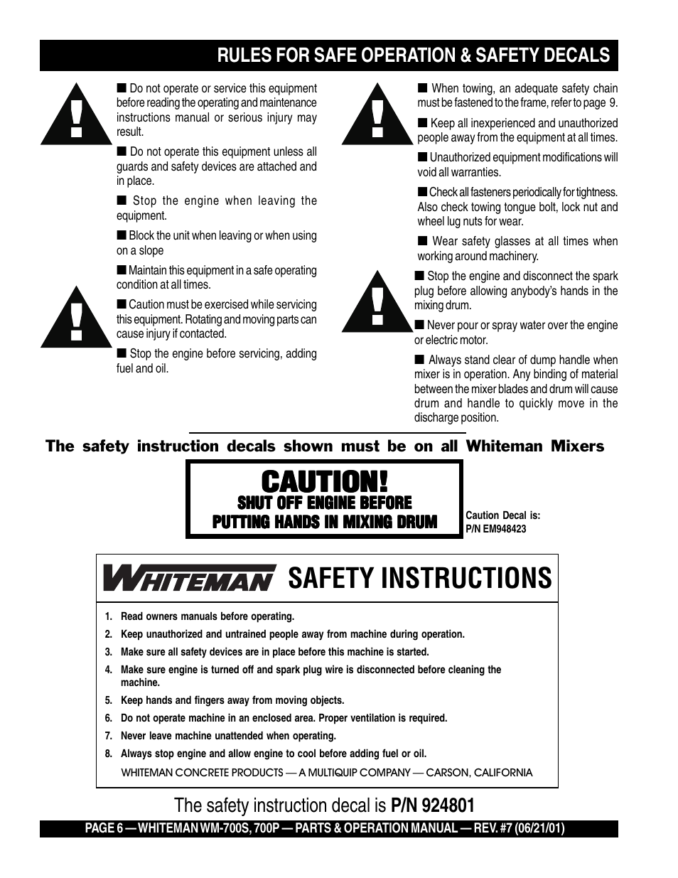 Safety instructions, Caution | Multiquip WM700P User Manual | Page 6 / 28