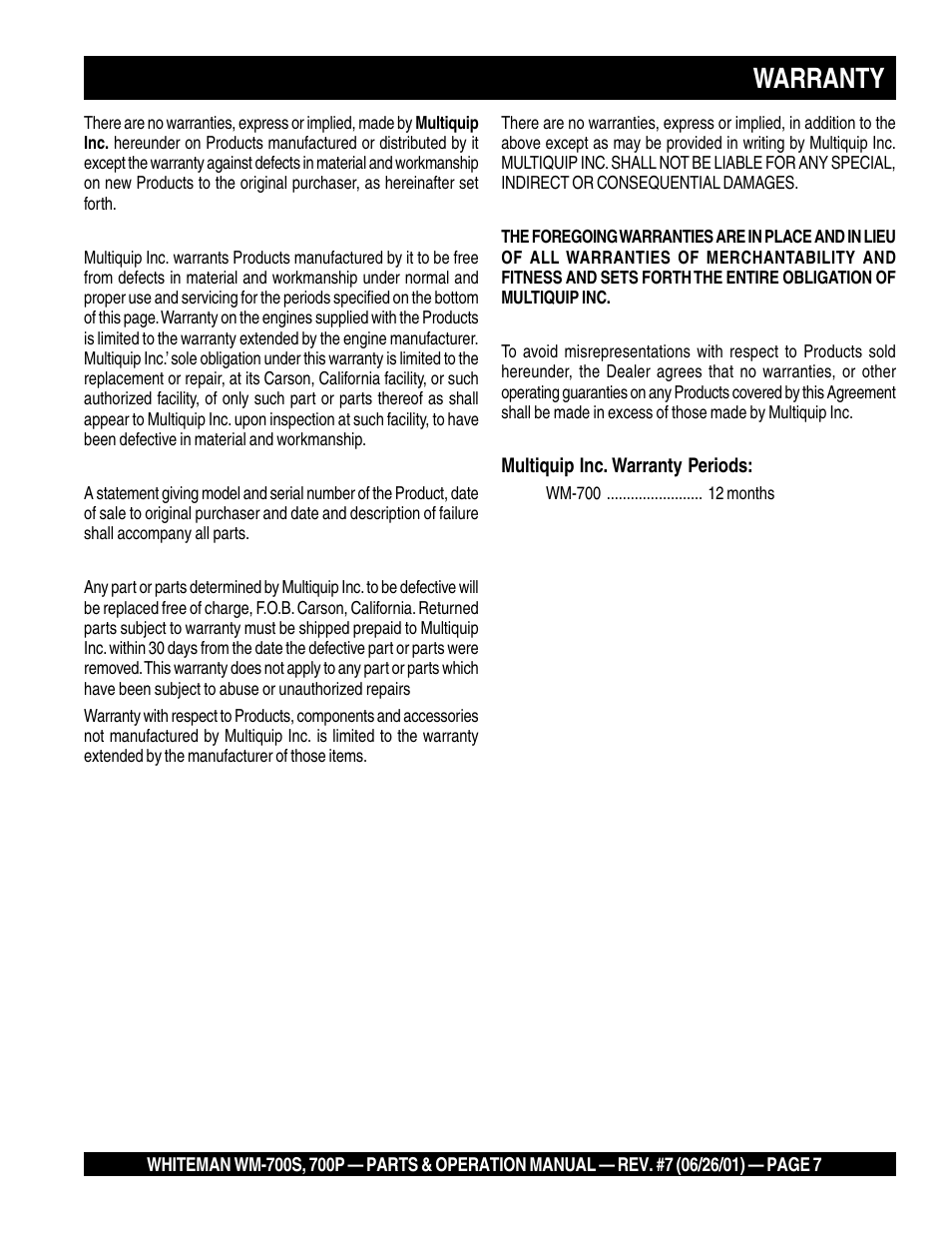 Warranty | Multiquip WM700P User Manual | Page 7 / 28