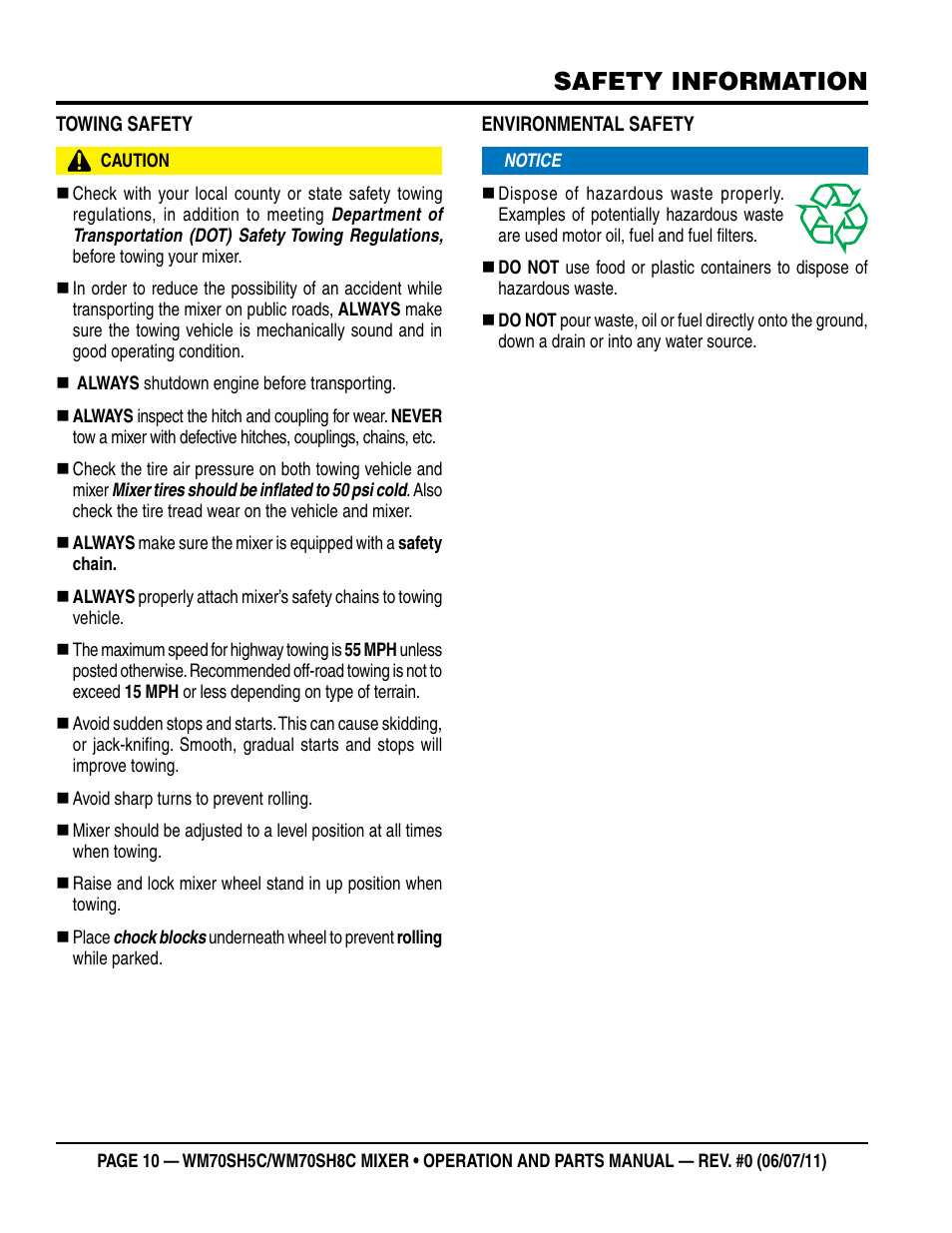 Safety information | Multiquip WM70SH8C User Manual | Page 10 / 54