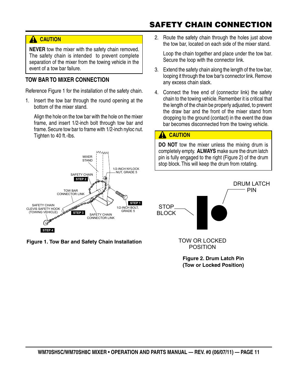 Safety chain connection, Tow bar to mixer connection | Multiquip WM70SH8C User Manual | Page 11 / 54