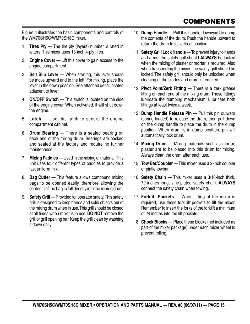 Components | Multiquip WM70SH8C User Manual | Page 15 / 54