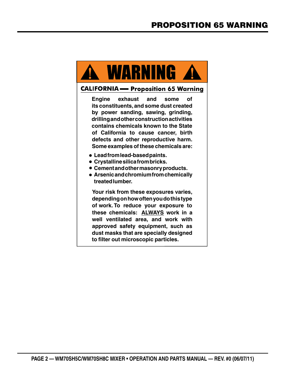 Proposition 65 warning | Multiquip WM70SH8C User Manual | Page 2 / 54