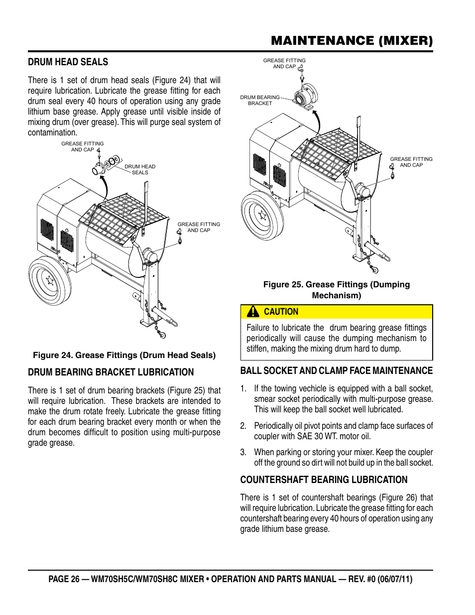 Maintenance (mixer), Drum head seals, Drum bearing bracket lubrication | Ball socket and clamp face maintenance, Countershaft bearing lubrication | Multiquip WM70SH8C User Manual | Page 26 / 54