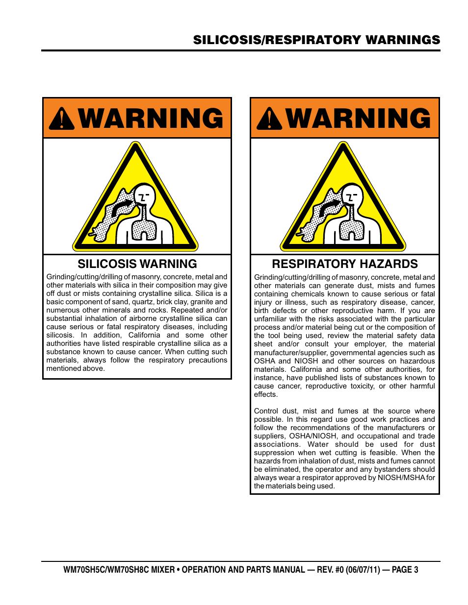 Warning | Multiquip WM70SH8C User Manual | Page 3 / 54