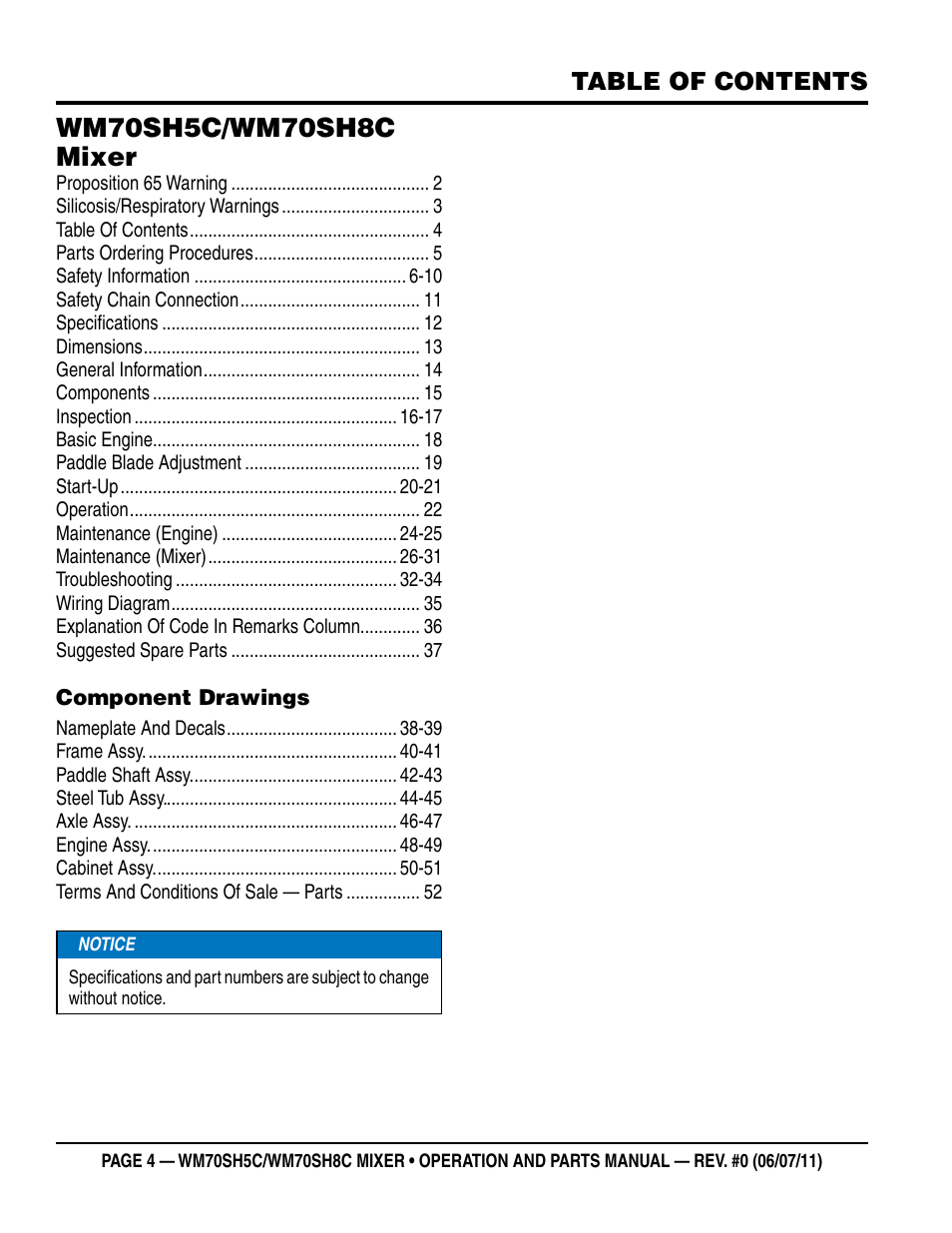 Multiquip WM70SH8C User Manual | Page 4 / 54