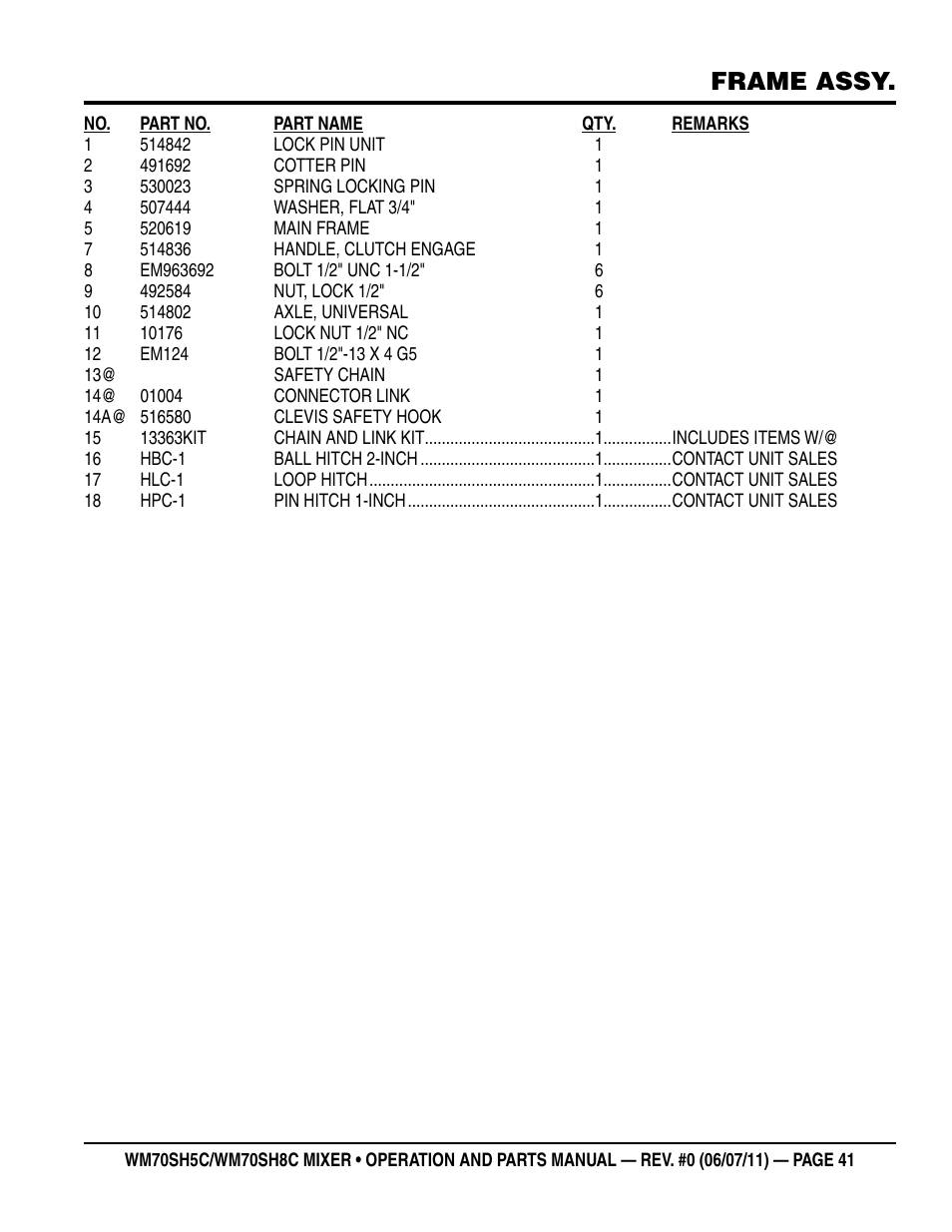 Frame assy | Multiquip WM70SH8C User Manual | Page 41 / 54