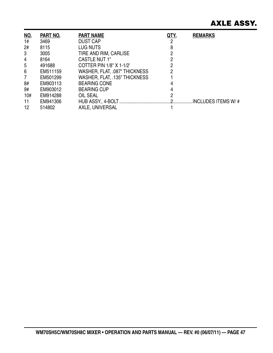 Axle assy | Multiquip WM70SH8C User Manual | Page 47 / 54