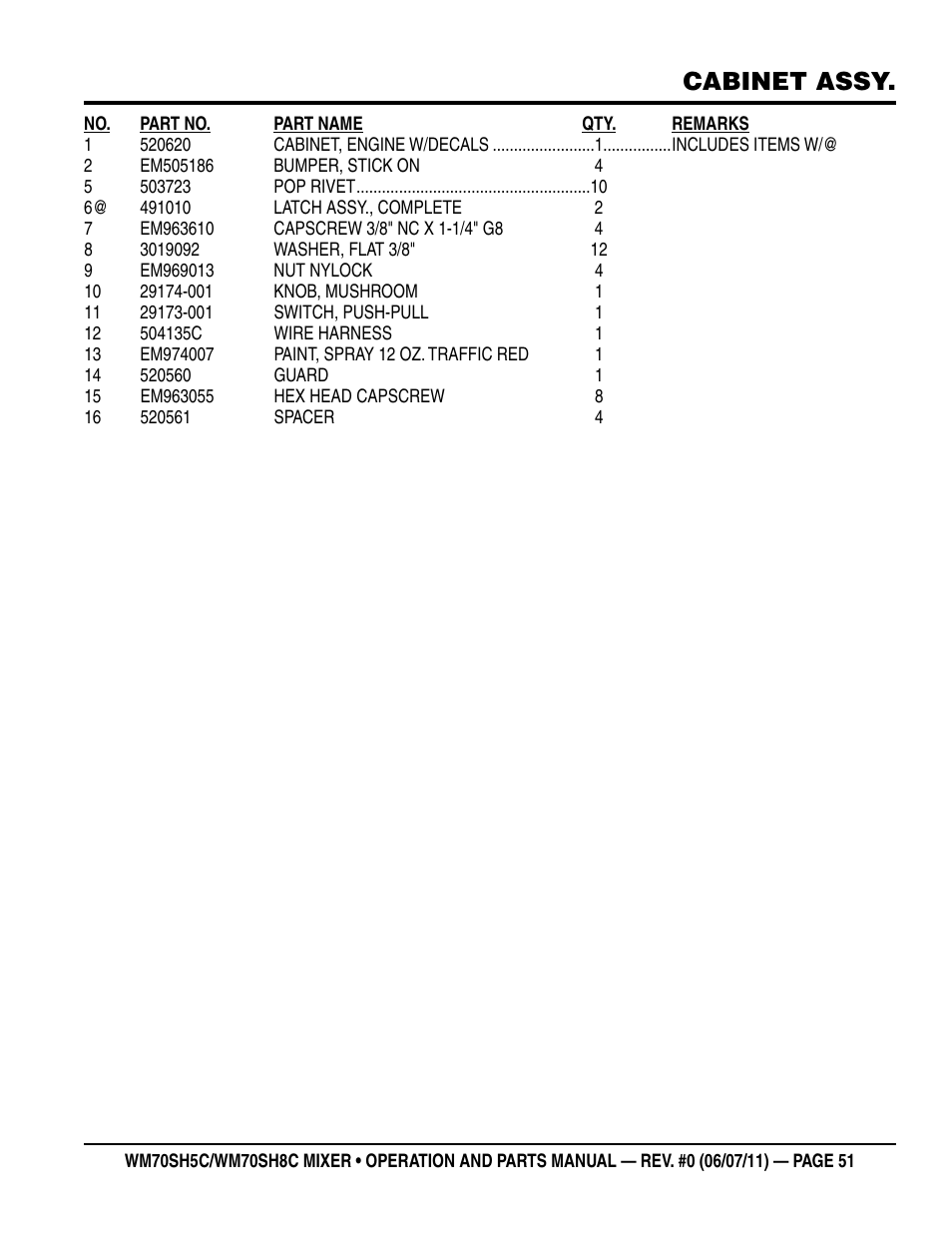 Cabinet assy | Multiquip WM70SH8C User Manual | Page 51 / 54