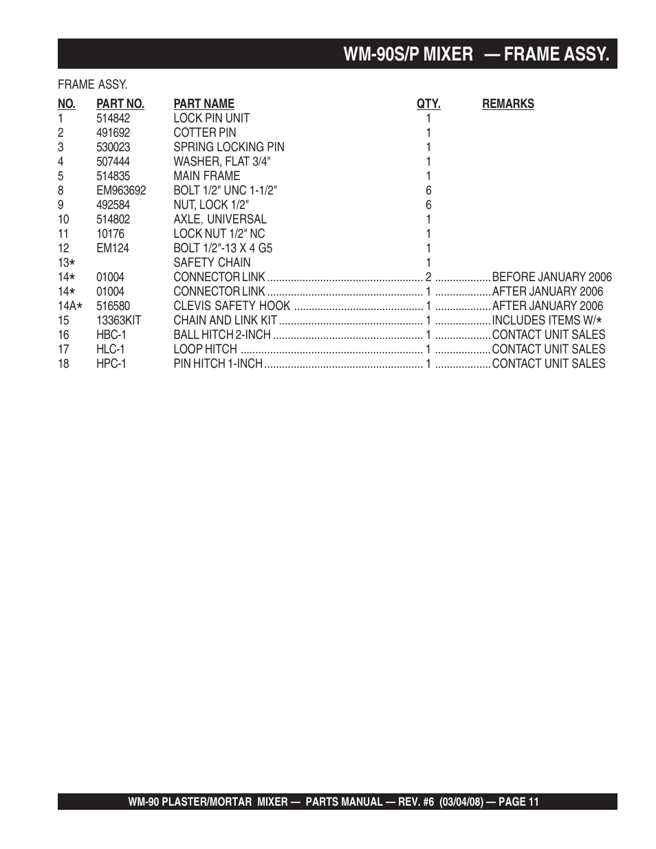Wm-90s/p mixer — frame assy | Multiquip WM90P User Manual | Page 11 / 66
