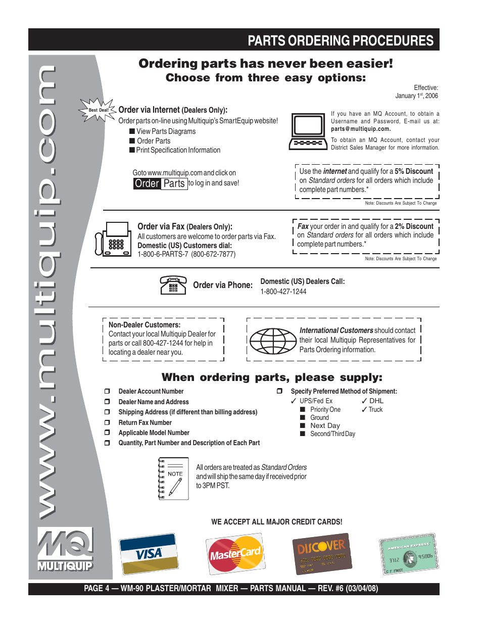 Parts ordering procedures, Ordering parts has never been easier, Choose from three easy options | When ordering parts, please supply, Order parts | Multiquip WM90P User Manual | Page 4 / 66