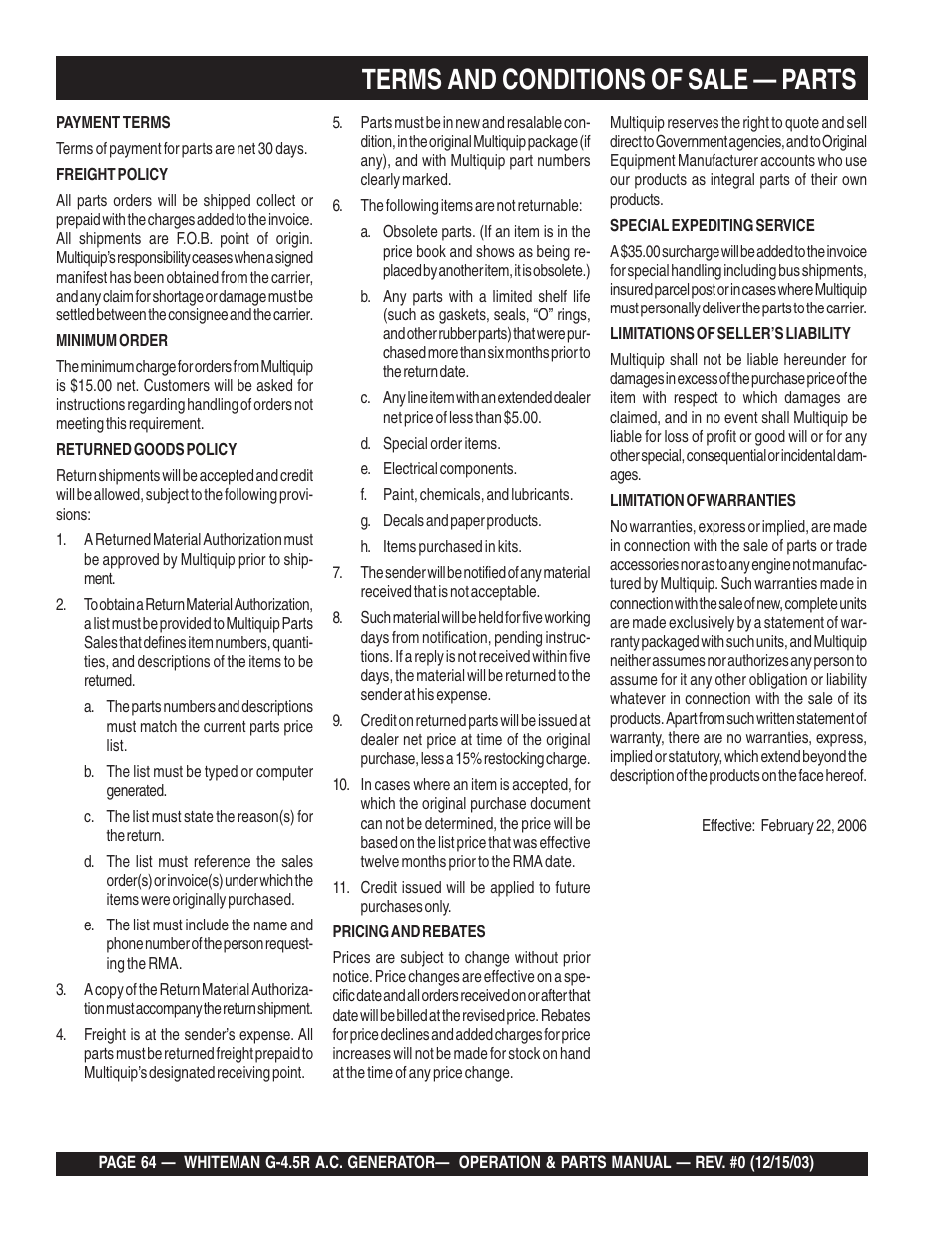 Terms and conditions of sale — parts | Multiquip WM90P User Manual | Page 64 / 66