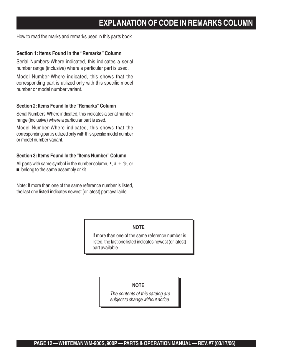 Explanation of code in remarks column | Multiquip WM900P User Manual | Page 12 / 30