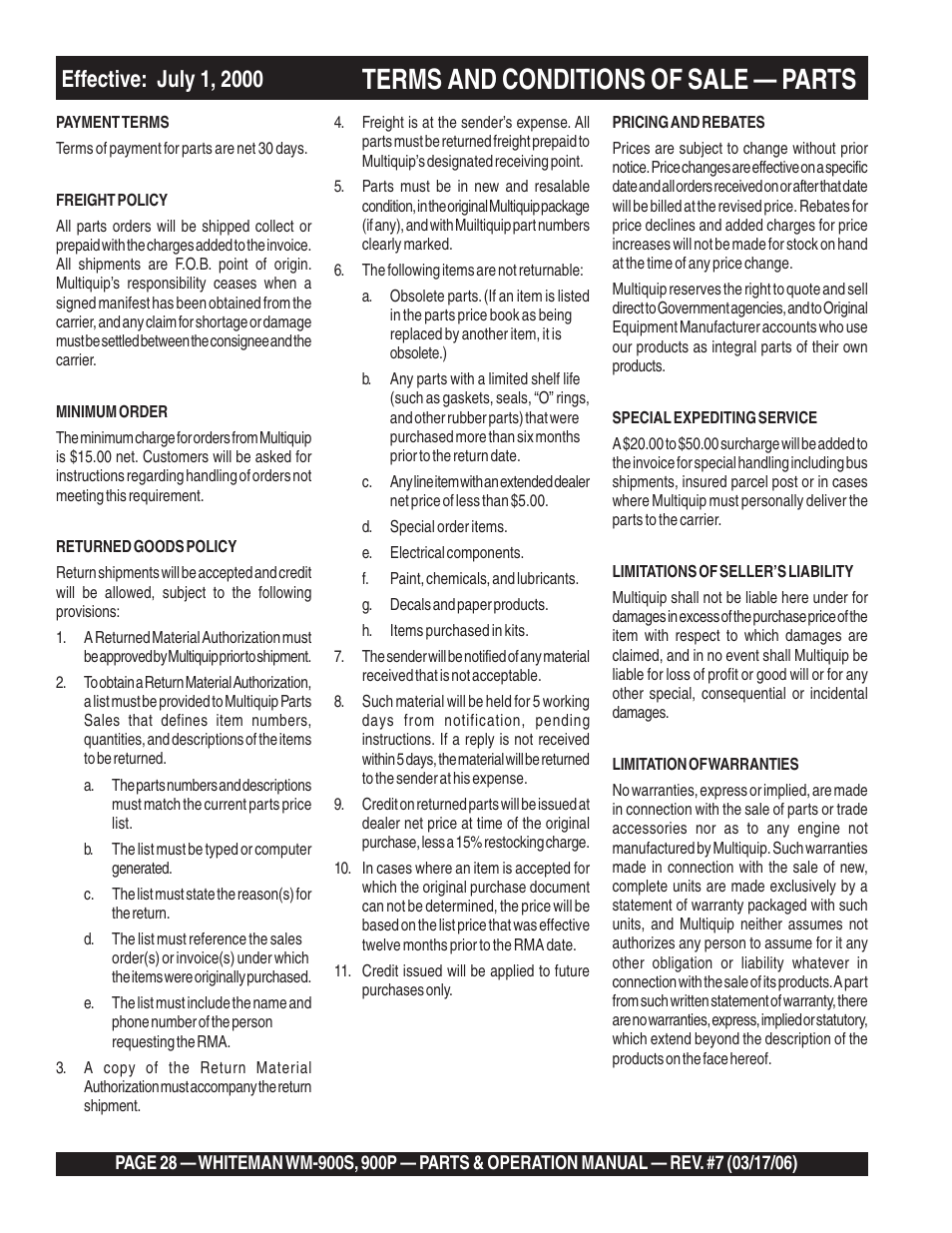 Terms and conditions of sale — parts | Multiquip WM900P User Manual | Page 28 / 30