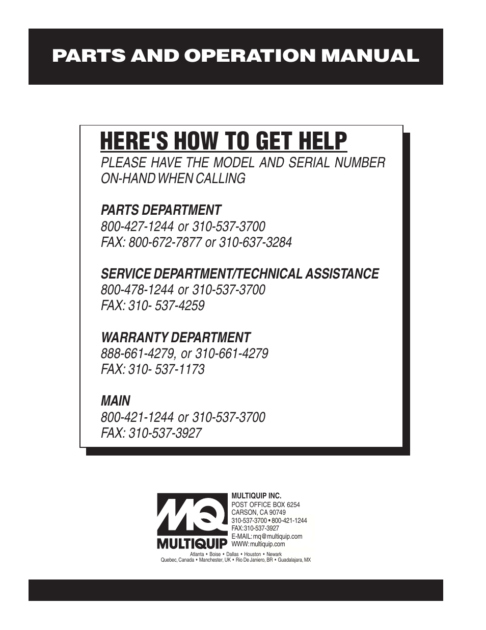 Here's how to get help, Parts and operation manual | Multiquip WM900P User Manual | Page 30 / 30