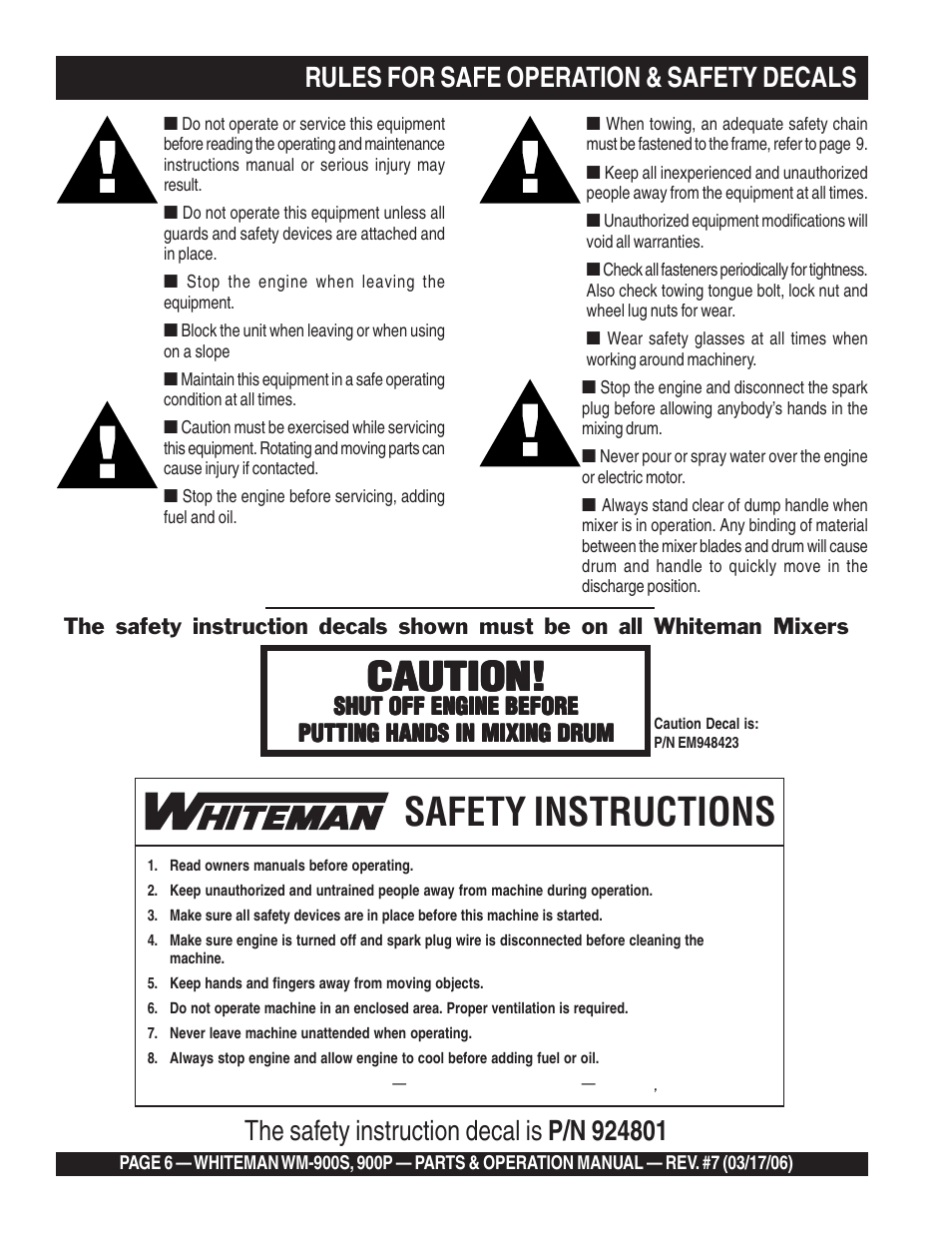 Safety instructions, Caution, Shut off engine before | Multiquip WM900P User Manual | Page 6 / 30