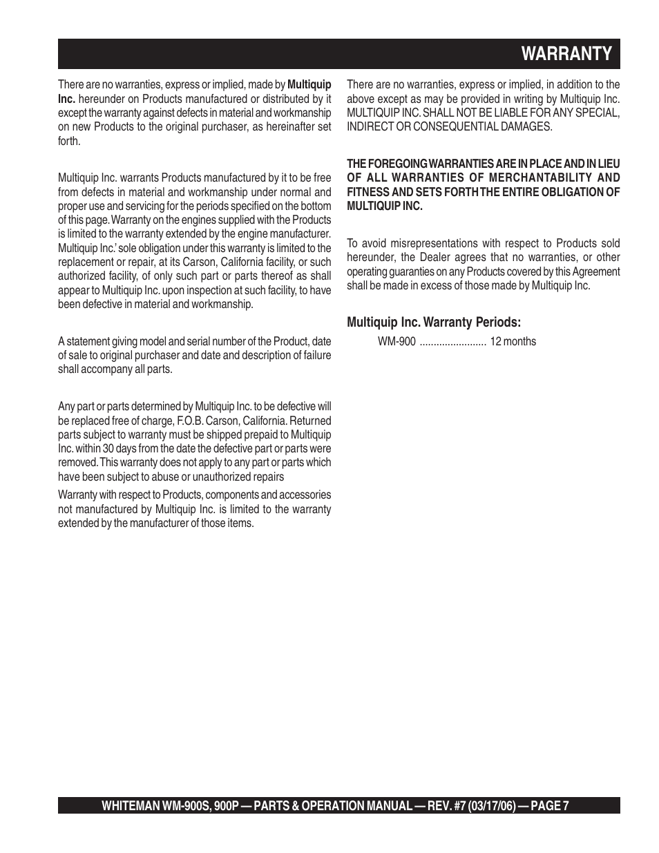 Warranty | Multiquip WM900P User Manual | Page 7 / 30