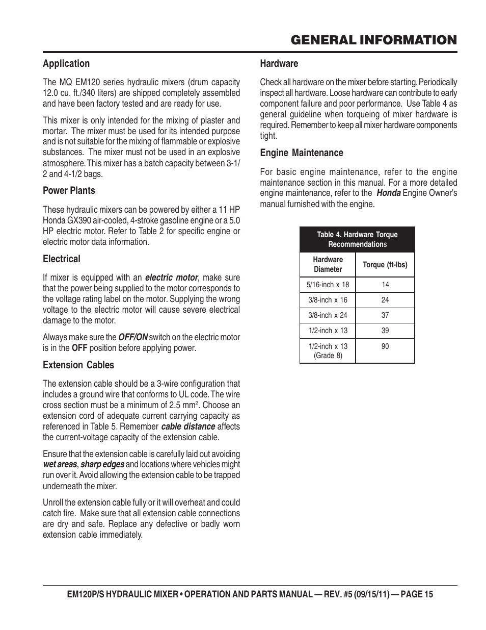 General information, Application, Power plants | Electrical, Extension cables, Hardware, Engine maintenance | Multiquip EM120S User Manual | Page 15 / 108