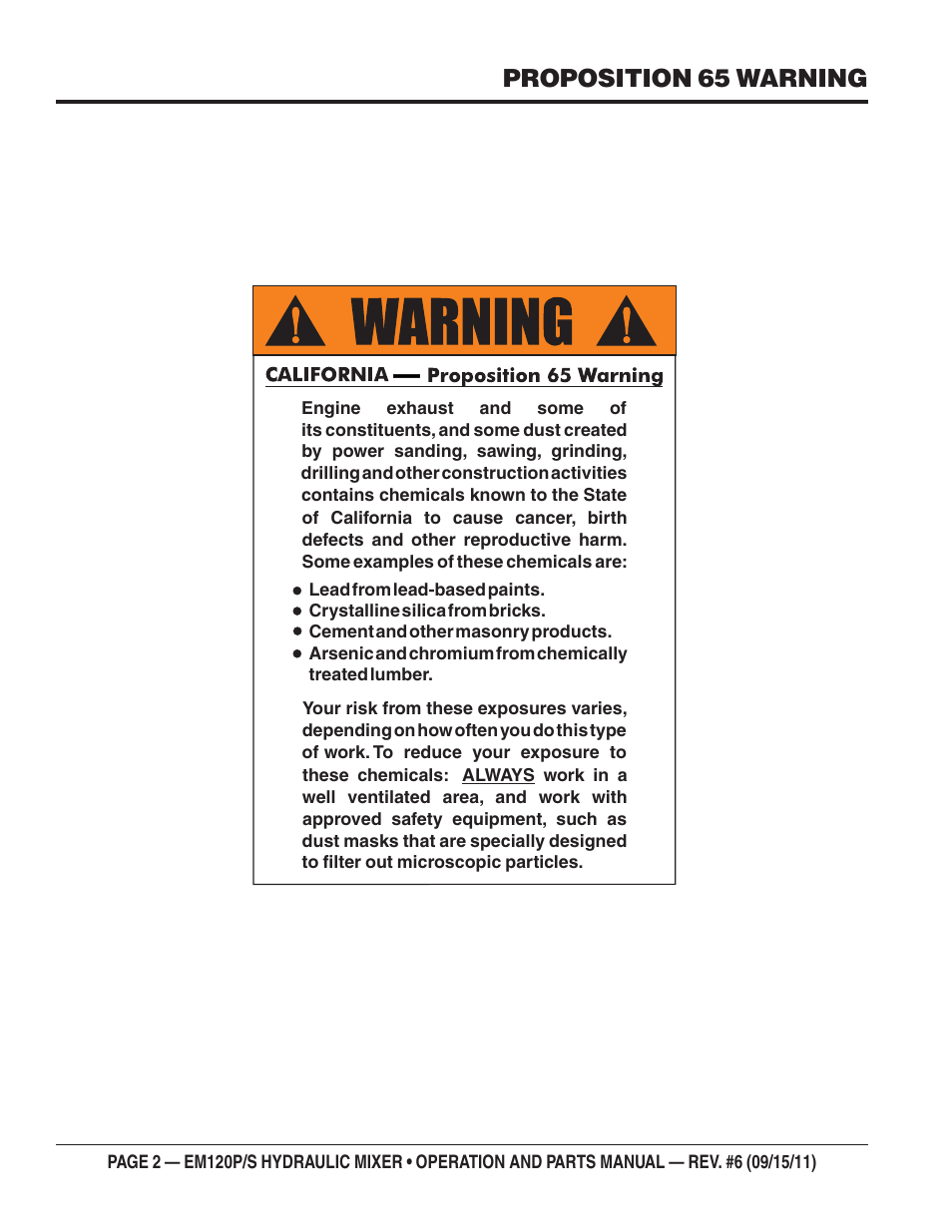Proposition 65 warning | Multiquip EM120S User Manual | Page 2 / 108