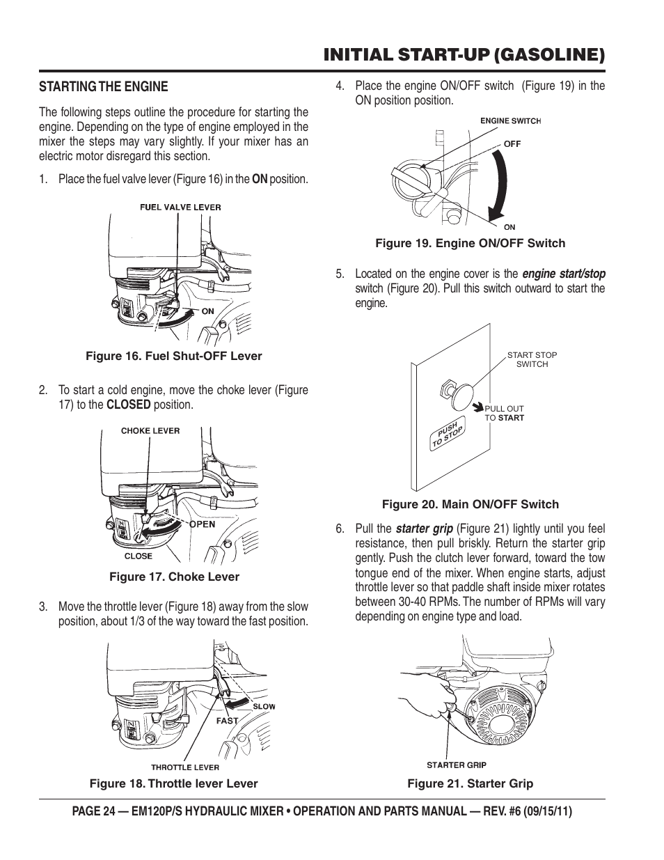 Initial start-up (gasoline), Starting the engine | Multiquip EM120S User Manual | Page 24 / 108