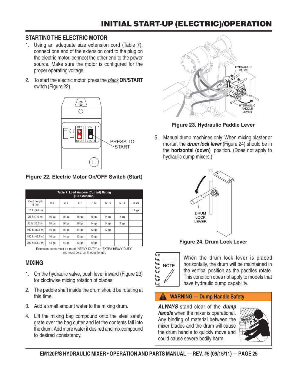 Initial start-up (electric)/operation, Starting the electric motor, Mixing | Figure 22. electric motor on/off switch (start), Press to start | Multiquip EM120S User Manual | Page 25 / 108