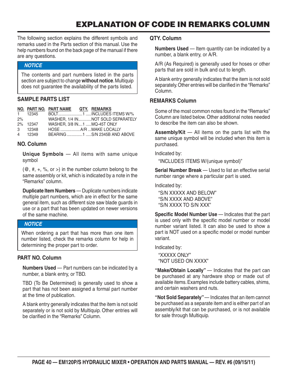 Explanation of code in remarks column | Multiquip EM120S User Manual | Page 40 / 108