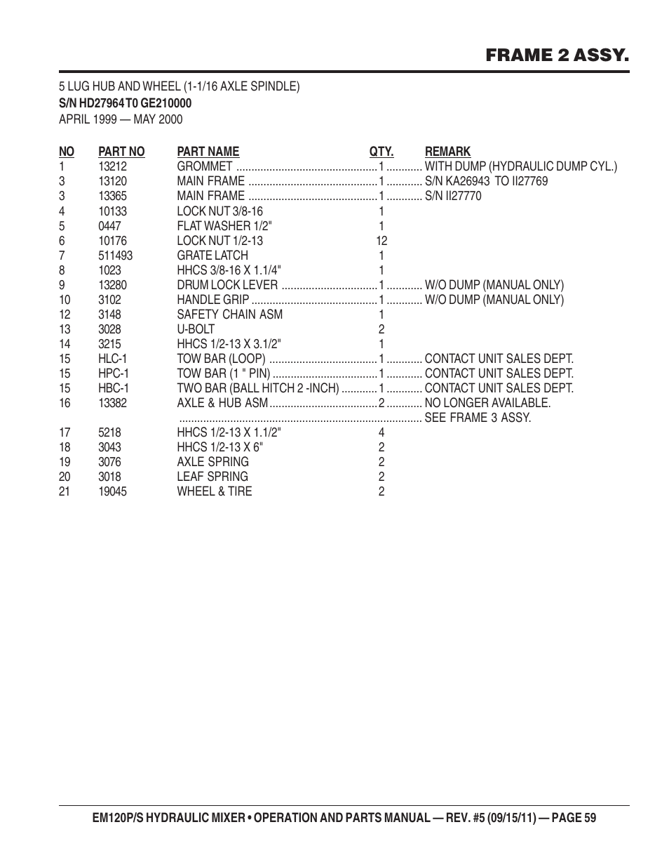 Frame 2 assy | Multiquip EM120S User Manual | Page 59 / 108