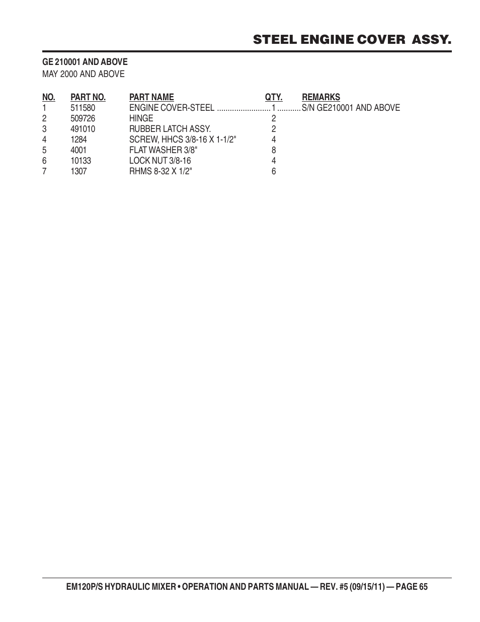 Steel engine cover assy | Multiquip EM120S User Manual | Page 65 / 108