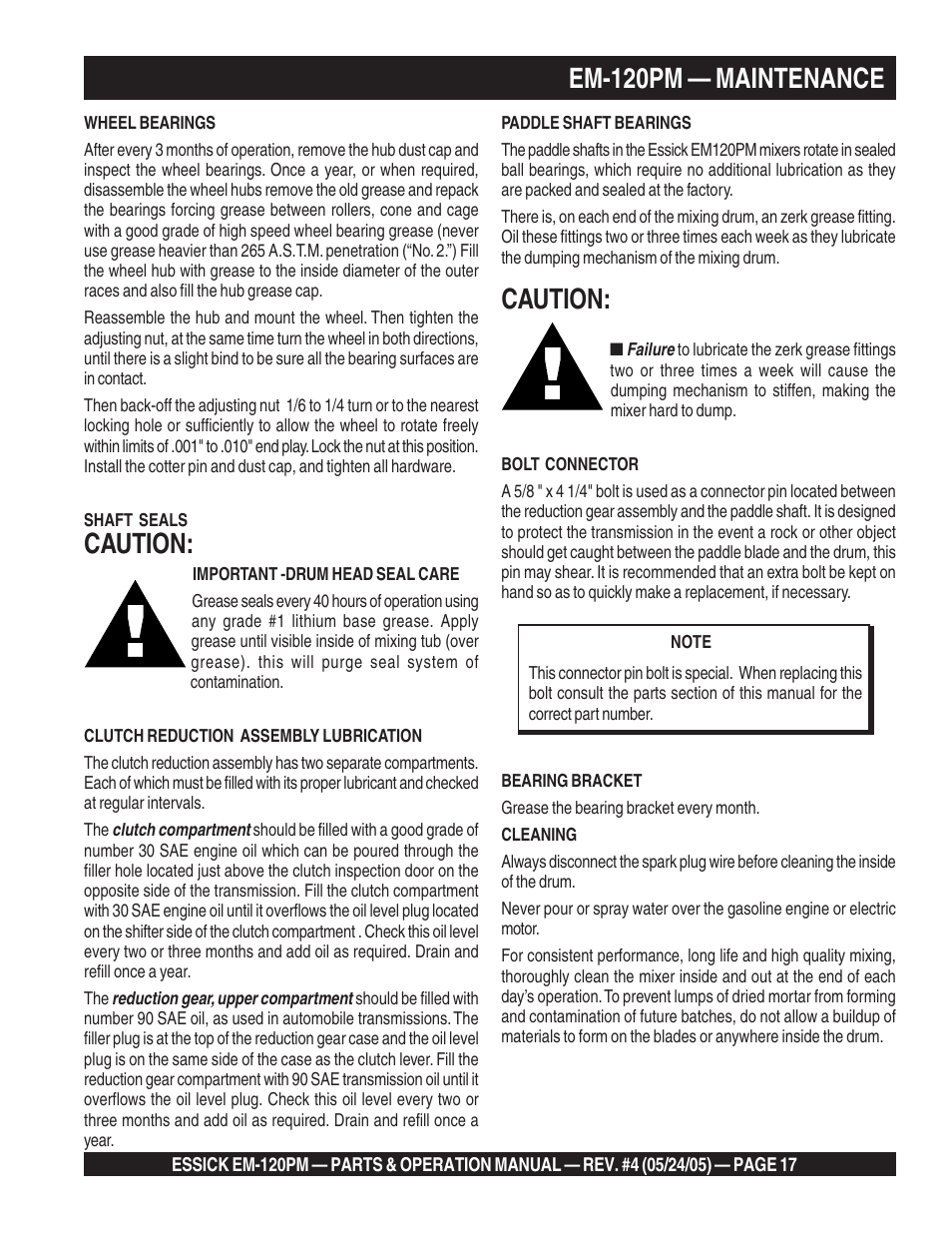 Em-120pm — maintenance, Caution | Multiquip EM120PM User Manual | Page 17 / 48