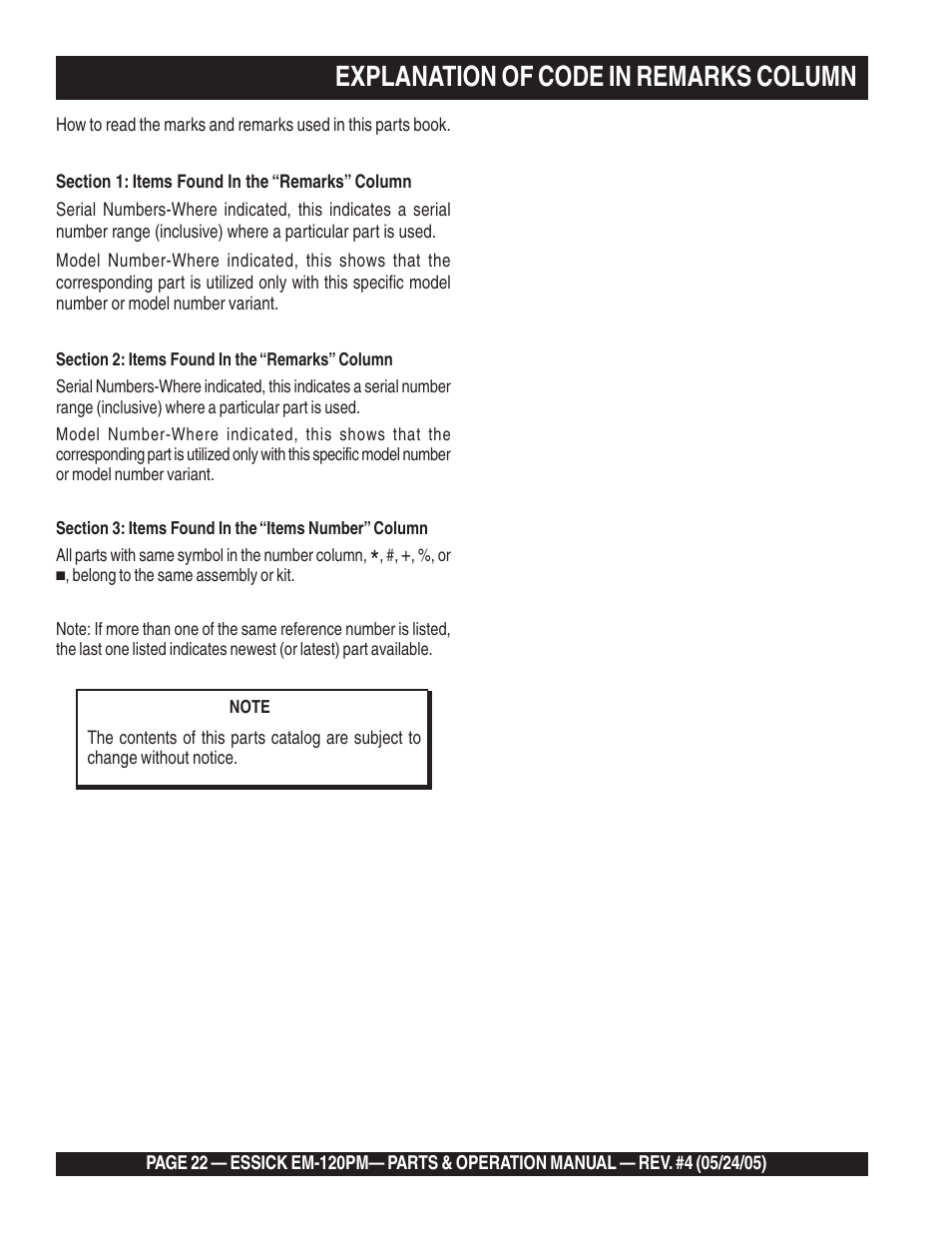 Explanation of code in remarks column | Multiquip EM120PM User Manual | Page 22 / 48
