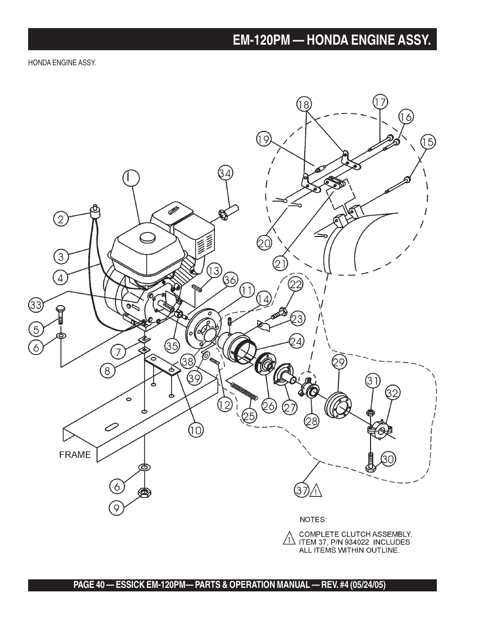 Em-120pm — honda engine assy | Multiquip EM120PM User Manual | Page 40 / 48