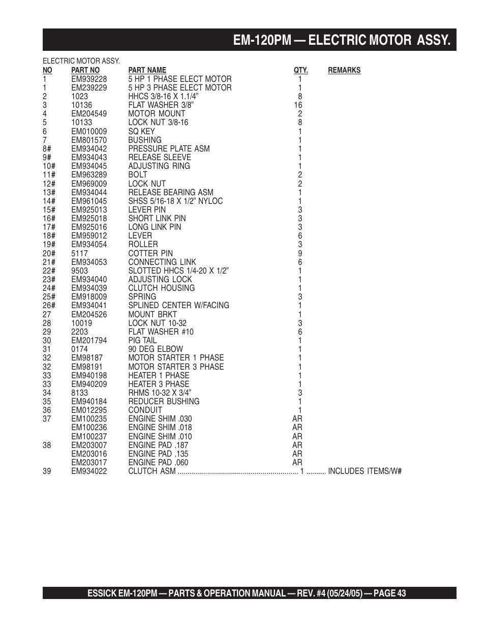 Em-120pm — electric motor assy | Multiquip EM120PM User Manual | Page 43 / 48