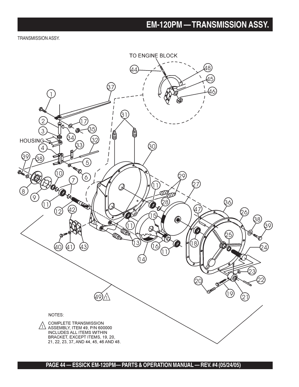 Em-120pm — transmission assy | Multiquip EM120PM User Manual | Page 44 / 48