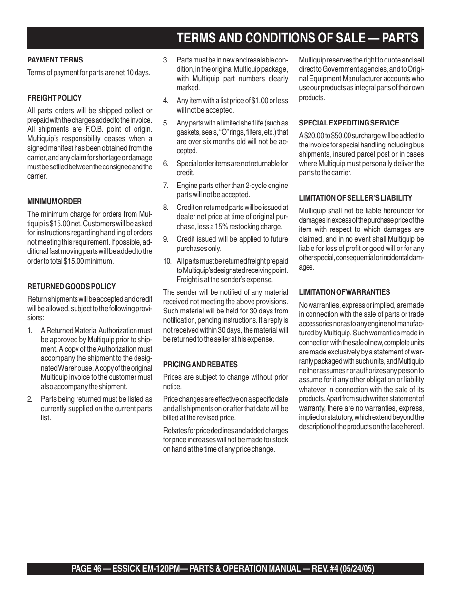 Terms and conditions of sale — parts | Multiquip EM120PM User Manual | Page 46 / 48
