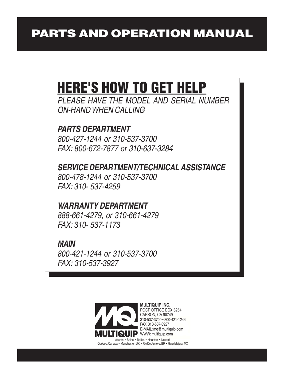 Here's how to get help, Parts and operation manual | Multiquip EM120PM User Manual | Page 48 / 48