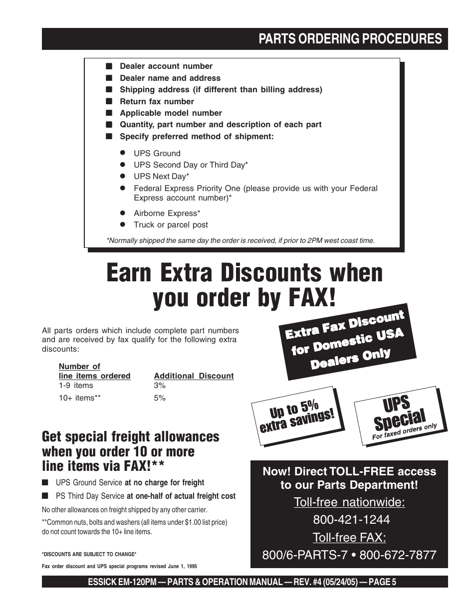Earn extra discounts when you order by fax, Parts ordering procedures, Extra fax discount | Multiquip EM120PM User Manual | Page 5 / 48