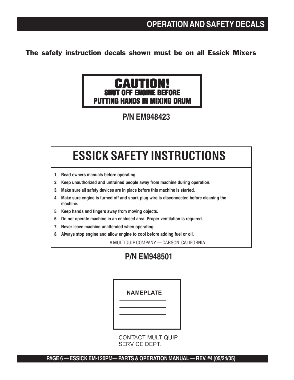 Essick safety instructions, Caution | Multiquip EM120PM User Manual | Page 6 / 48