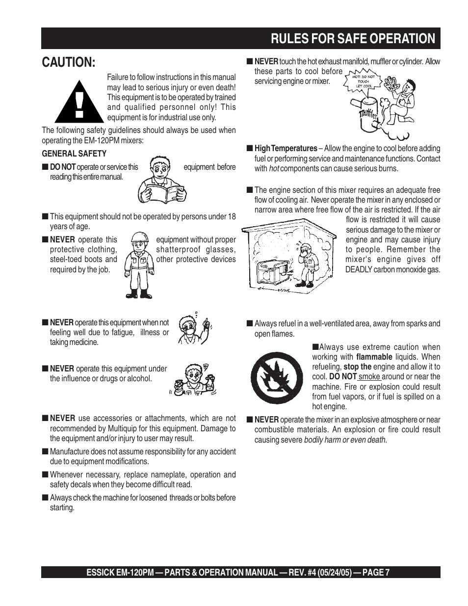 Caution, Rules for safe operation | Multiquip EM120PM User Manual | Page 7 / 48
