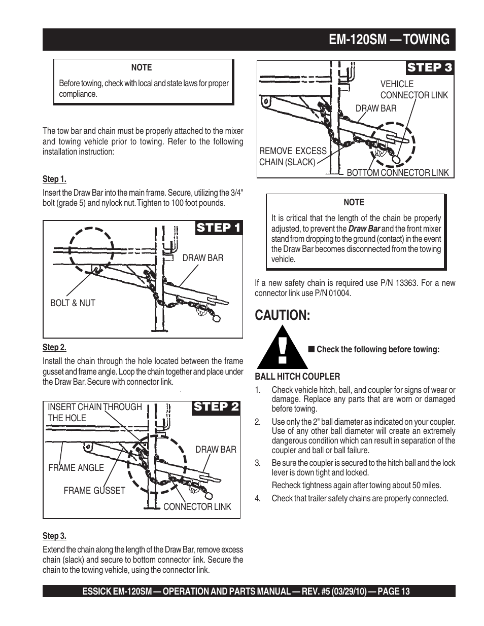 Em-120sm — towing, Caution, Step 1 | Step 2, Step 3 | Multiquip EM120SM User Manual | Page 13 / 42