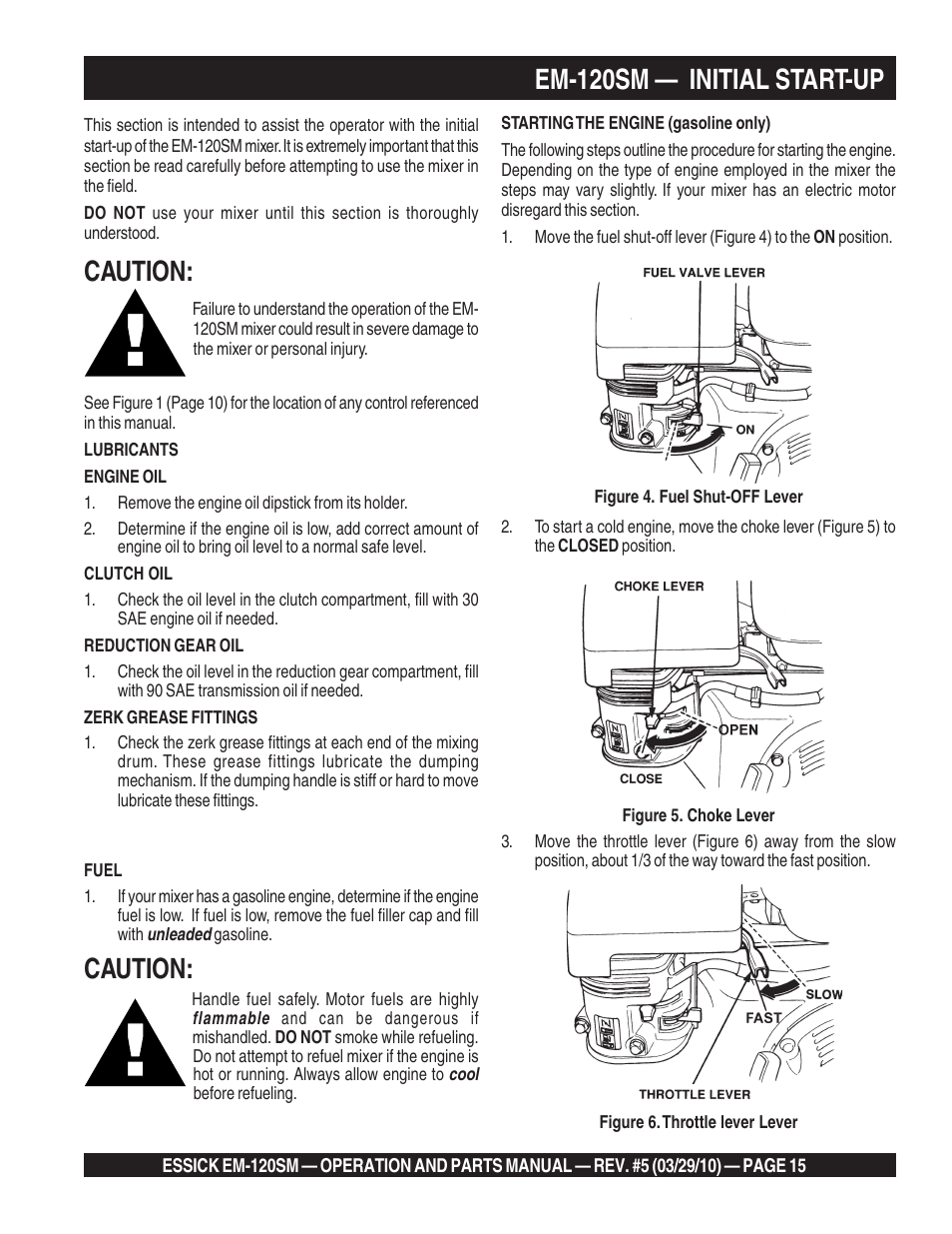 Em-120sm — initial start-up, Caution | Multiquip EM120SM User Manual | Page 15 / 42