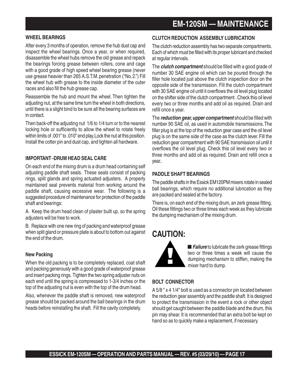 Em-120sm — maintenance, Caution | Multiquip EM120SM User Manual | Page 17 / 42