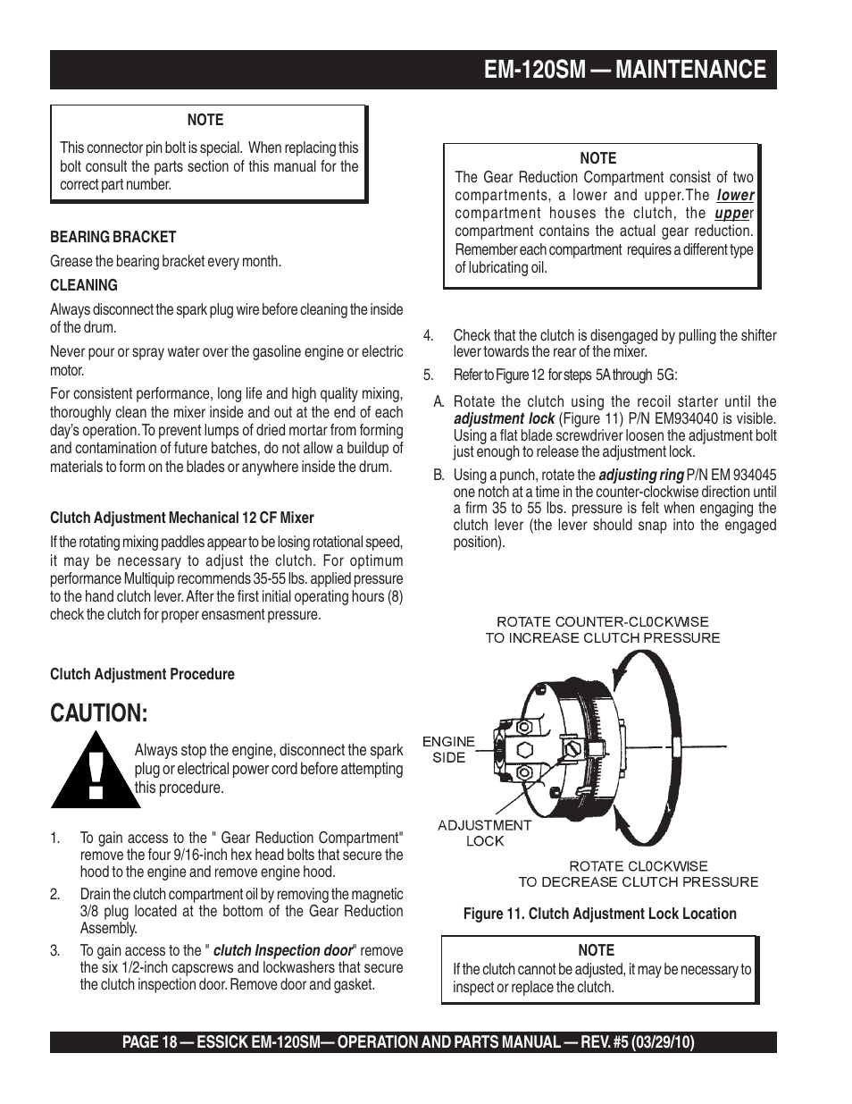 Em-120sm — maintenance, Caution | Multiquip EM120SM User Manual | Page 18 / 42