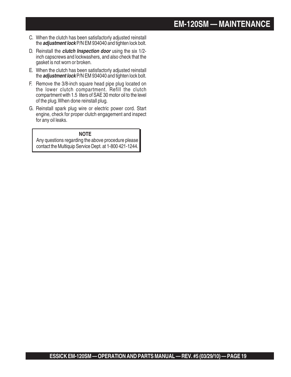 Em-120sm — maintenance | Multiquip EM120SM User Manual | Page 19 / 42