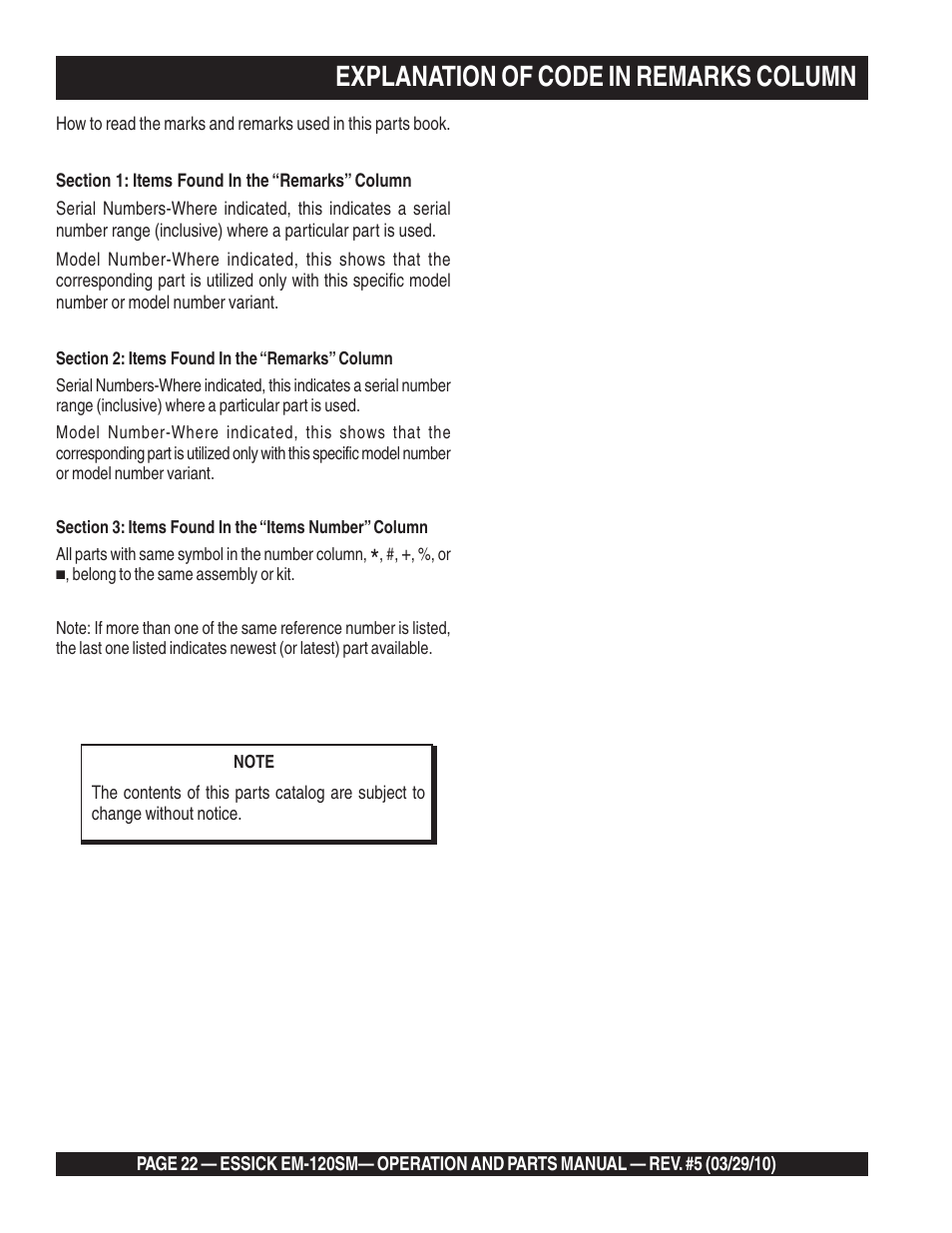 Explanation of code in remarks column | Multiquip EM120SM User Manual | Page 22 / 42