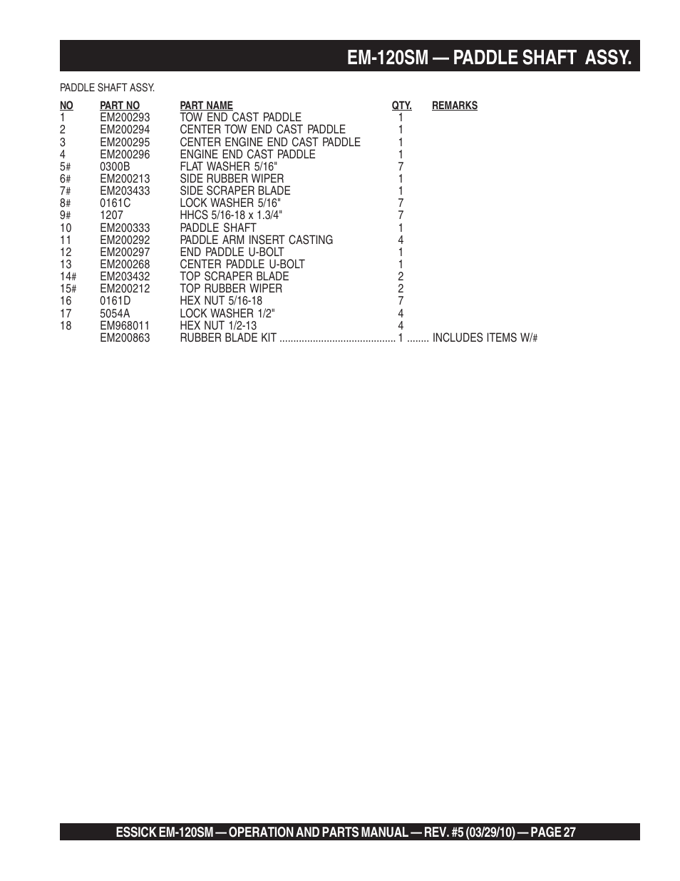 Em-120sm — paddle shaft assy | Multiquip EM120SM User Manual | Page 27 / 42